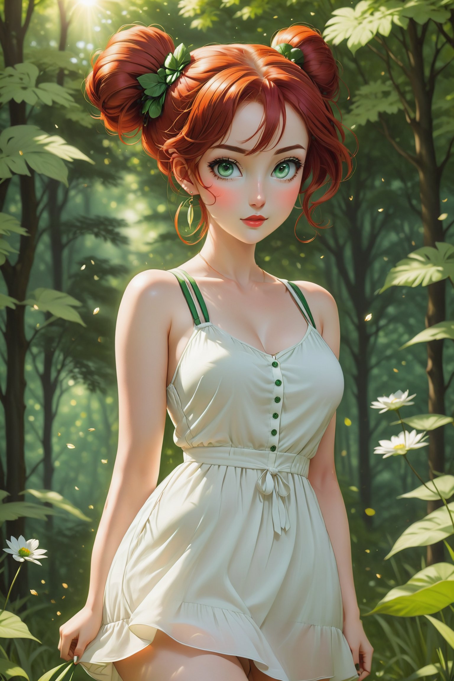 she is walking through a park that is surrounded by trees and gardens, she has a white singlet strap summer dress on, her red hair is in a bun on top of her head, her emerald green eyes sparkle in the sunshine, she has summer sandals on, sh 
 is beautiful, she is looking up, slight smile on her lips,   high defintion, highly detailed, serene, hayv kahraman style art