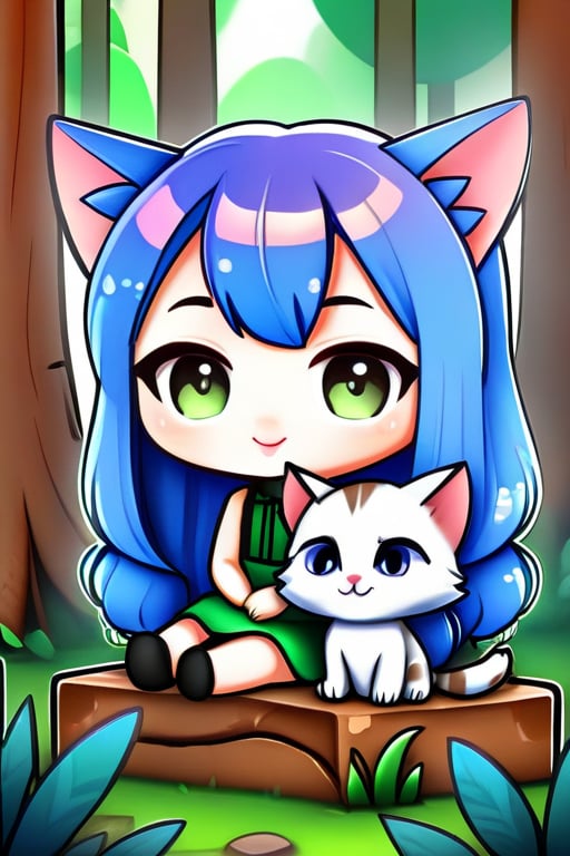 a cute kitten sits beside a girl, they girl is sitting and patting the kitten, they are n the forest,chibi,BugCraft