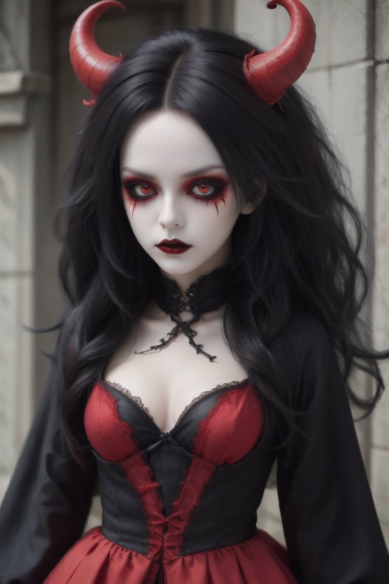 create a demon gothic doll wearing a black robe open with a red dress underneath, demon makeup, ,more detail XL,绿色头发,sayaairie,goth person