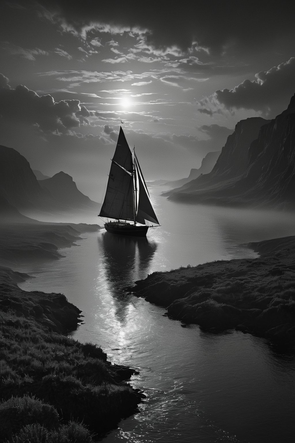 "Extreme close-up, surreal fantasy, chiaroscuro lighting, no frame, depict a mystical, ethereal ketch sailboat with elongated, delicate features and a soft, flowing design that seems to merge with the surrounding environment. The background should be a dreamy, fantastical seascape with swirling mists and soft, luminescent colors blending seamlessly. A landscape with an ominous, dense fog creating a misty, mysterious atmosphere at sunset. The scene features a vast landscape with a tiny, distant city skyline on the horizon. Grotesque, organic forms are present in the foreground, with abstract, unsettling elements. A tiny silhouetted figure stands in the distance, adding a sense of scale and isolation. The mood is enigmatic and awe-inspiring, evoking a sense of wonder and exploration. Intricate, raw textures and a highly muted, monochromatic color palette with subtle variations in shades of green, black, and vibrant colors from the spectacular sunset. Artistic style is highly detailed, with intricate patterns and textures on the sailboat and the surrounding elements. Proportions are slightly exaggerated to enhance the surreal quality, with a perspective that draws the viewer into the scene, focusing on the delicate interplay of light and shadow. Reflections and shadows are subtly incorporated to add depth and realism without detracting from the overall fantastical atmosphere. The overall mood is eerie, desolate, and haunting, evoking a deep sense of unease and contemplation. HDR, 8K resolution. The lighting is uniformly subdued and diffused, with rim lighting to highlight the edges of the subject, enhancing the fog and creating a soft, ethereal glow from the setting sun."