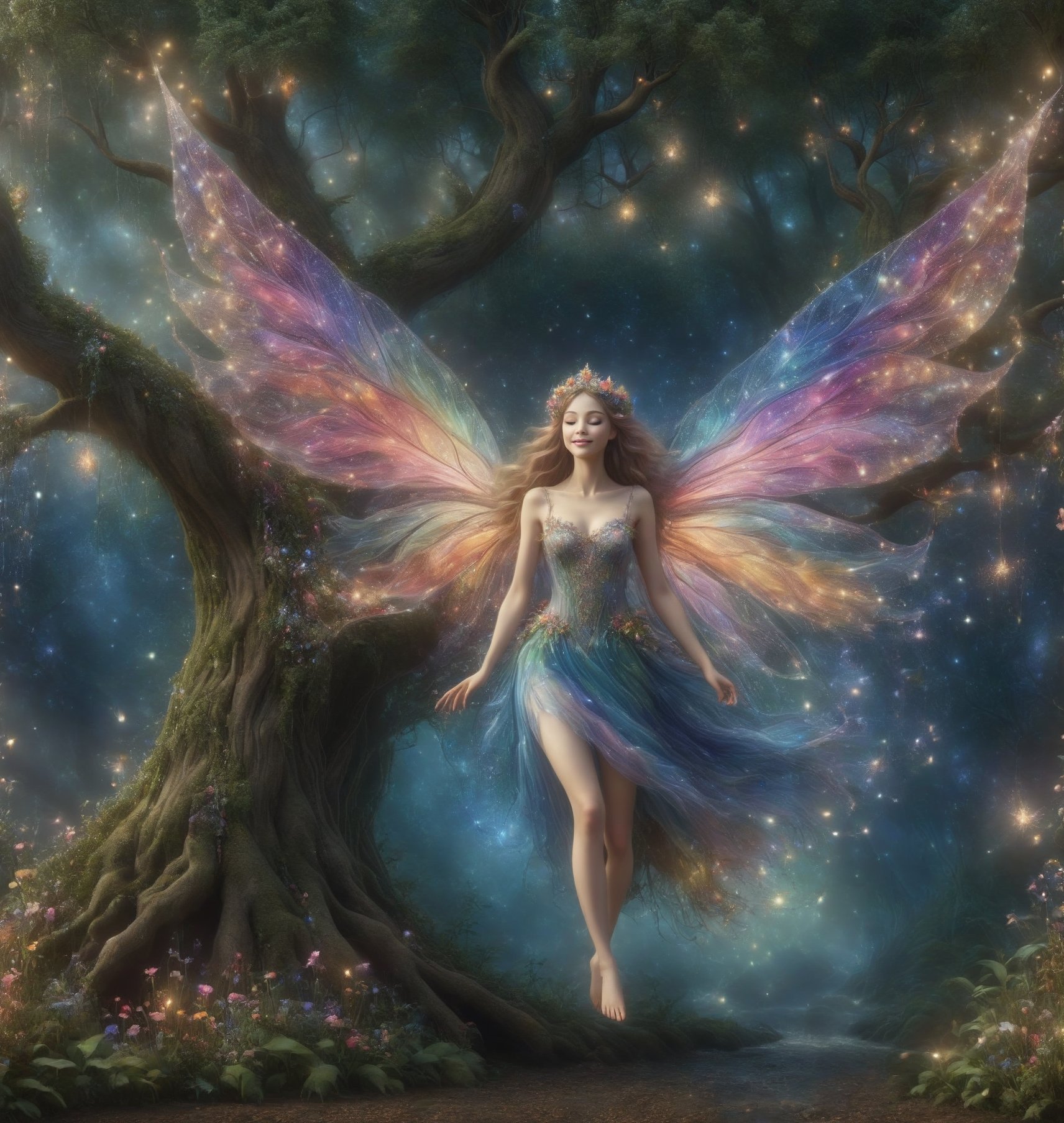 please create a fairy princess, in a garden, with trees and flowers all around, she is happy and carefree,fairytale,DonMF41ryW1ng5XL,Masterpiece