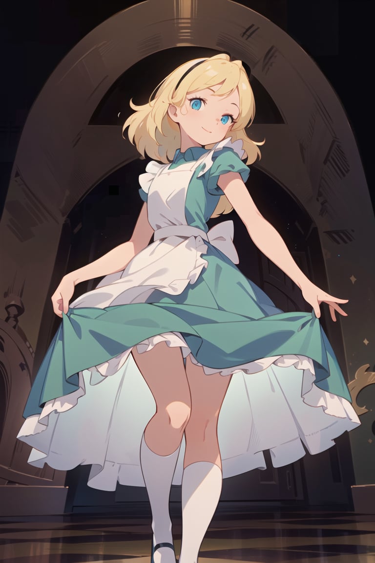 1girl, solo, master piece, extremely detailed face, perfect lighting, extremely detailed CG, (perfect hands, perfect anatomy), two legs, 5 fingers,

(masterpiece:1.4), (best qualit:1.4), (high resolution:1.4), alice liddell, blue dress, white apron, black hairband, smile, looking at viewer