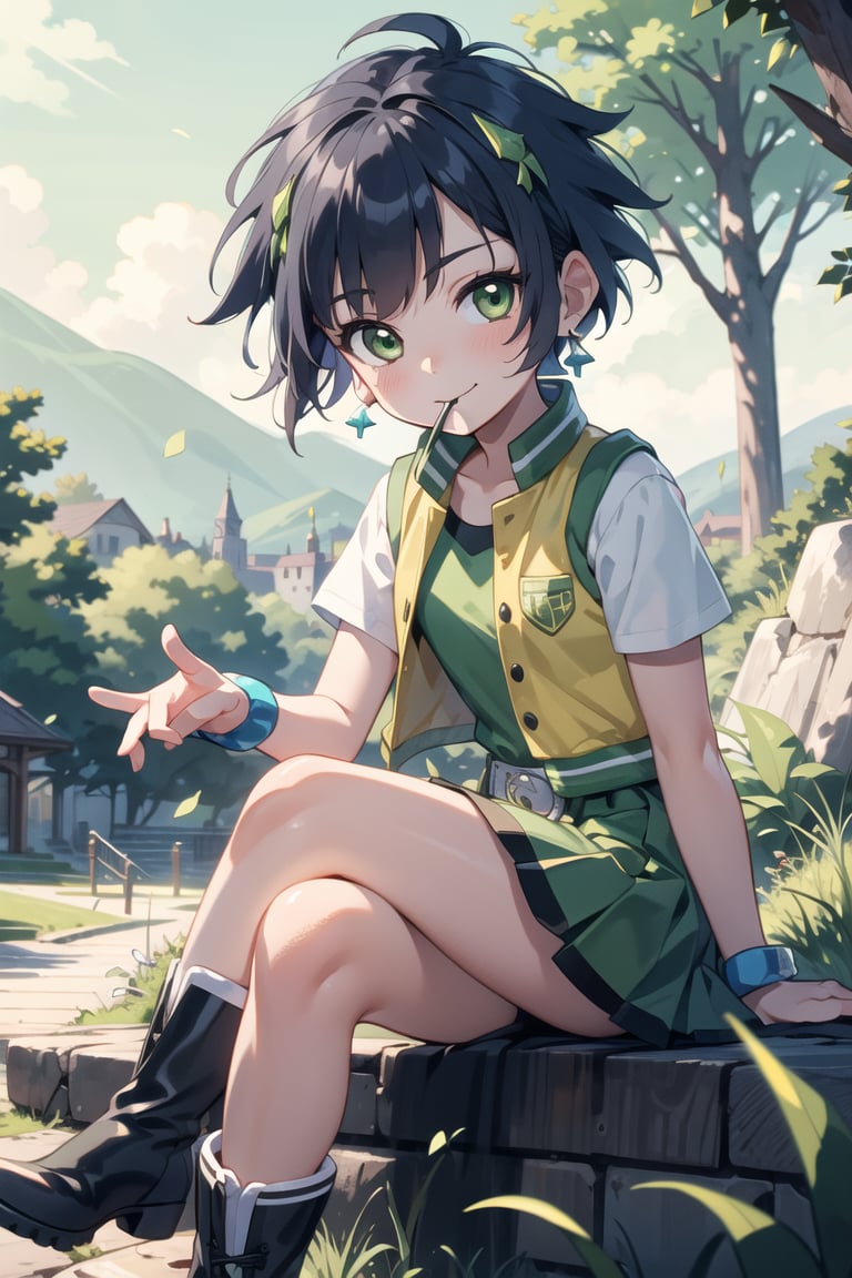 btppgz,loli, green eyes, short hair, earrings, yellow vest, green skirt, boots, 

 outdoor,

dark romantic lighting, (highly detailed:1.2),(detailed face:1.2), (gradients), colorful, detailed eyes, (detailed landscape:1.2),

looking at viewer,

 sitting, smilling, mouth_open,crossed legs,