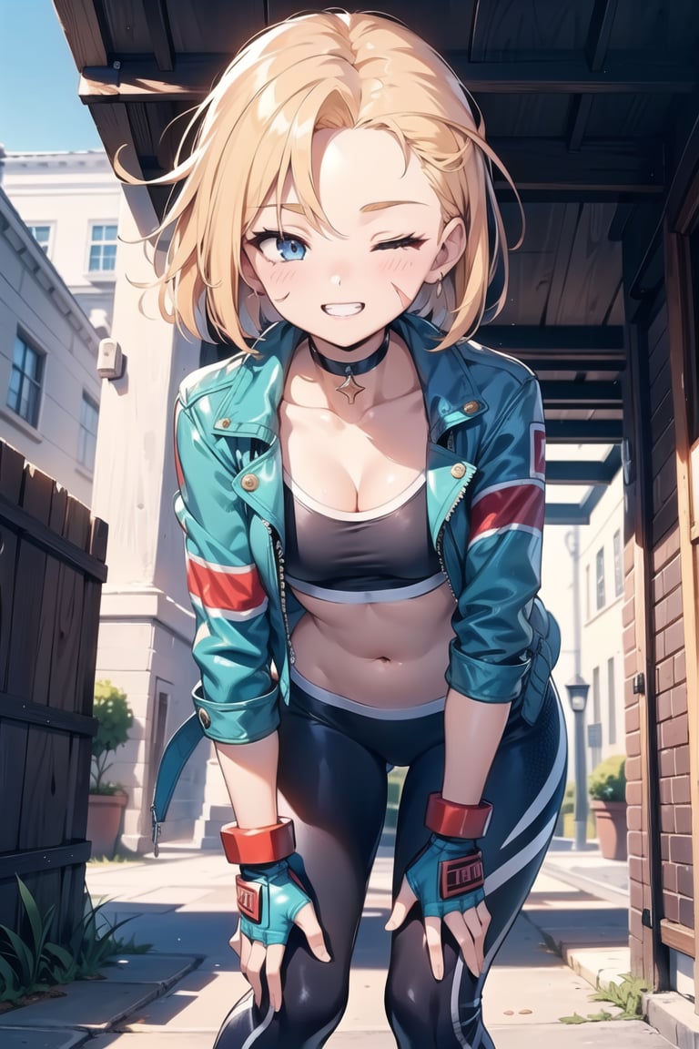 Loli, kid, cammy sf6, black sports bra, choker, black pants, navel, blue eyes, pants, scar on face, flat chest, scar on cheek, yoga pants, cleavage, open jacket, cropped jacket, blonde hair, fingerless gloves, short hair, gloves, midriff, blue jacket,

1girl, solo, extremely detailed face, perfect lighting, extremely detailed CG, (perfect hands, perfect anatomy),

  outdoor, standing, leaning forward, smilling, teeth, knees_touching, panties,winking, one eye closed, waving,