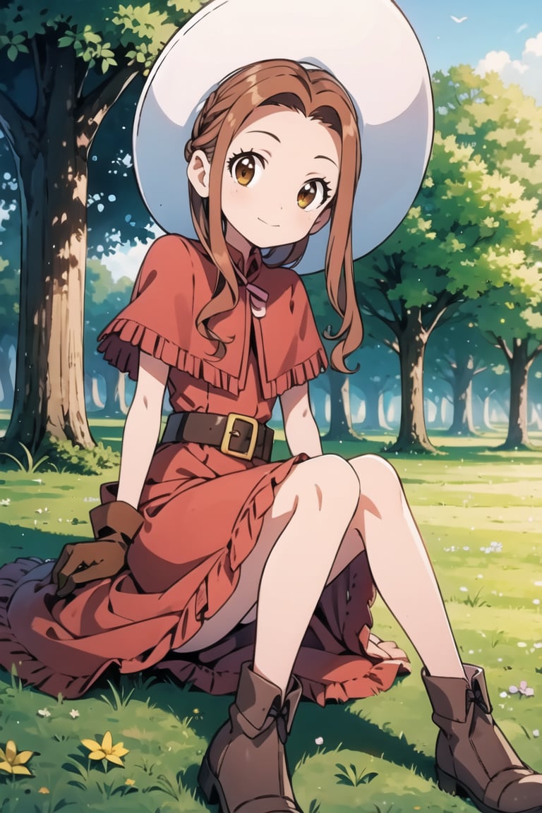 masterpiece, best quality, outdoors, grass, field, forest,tachikawa mimi, 1girl, solo, looking at viewer, long hair, brown hair, brown eyes, hat, dress, belt, red dress, gloves, sidelocks, capelet, brown gloves, white headwear, fringe trim, short sleeves, sit under tree,Tachikawa Mimi, paties, legs_open