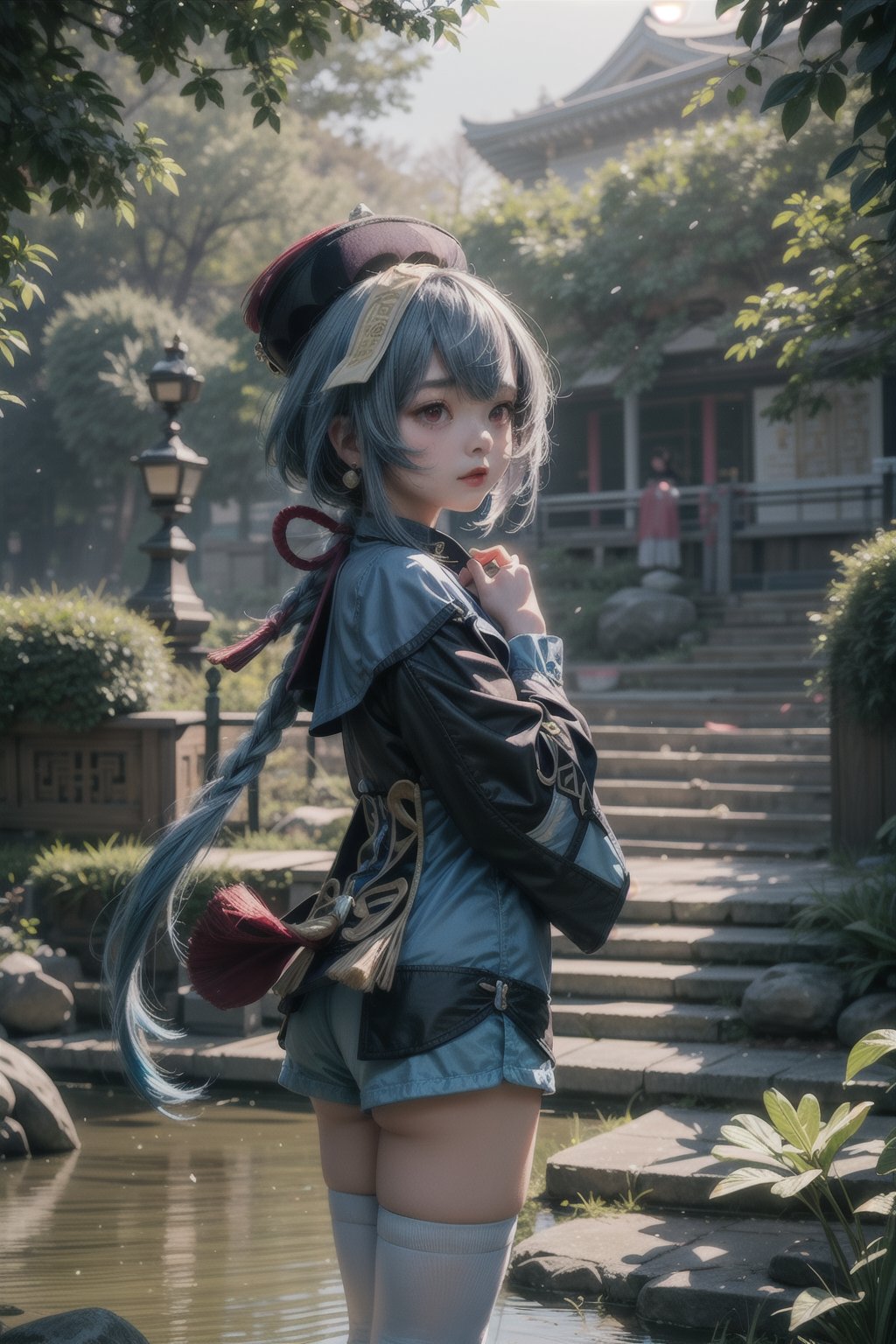 qiqi (genshin impact), 12 year old girl, cute, innocent, slim, ofuda, jiangshi, qing guanmao, braid, blue hair, long hair, red eyes, hair ornament, earrings, bead necklace, jewelry, long sleeves, wide sleeves,white thighhighs, chinese clothes, shortsstanding, prairie, flowers, sunny