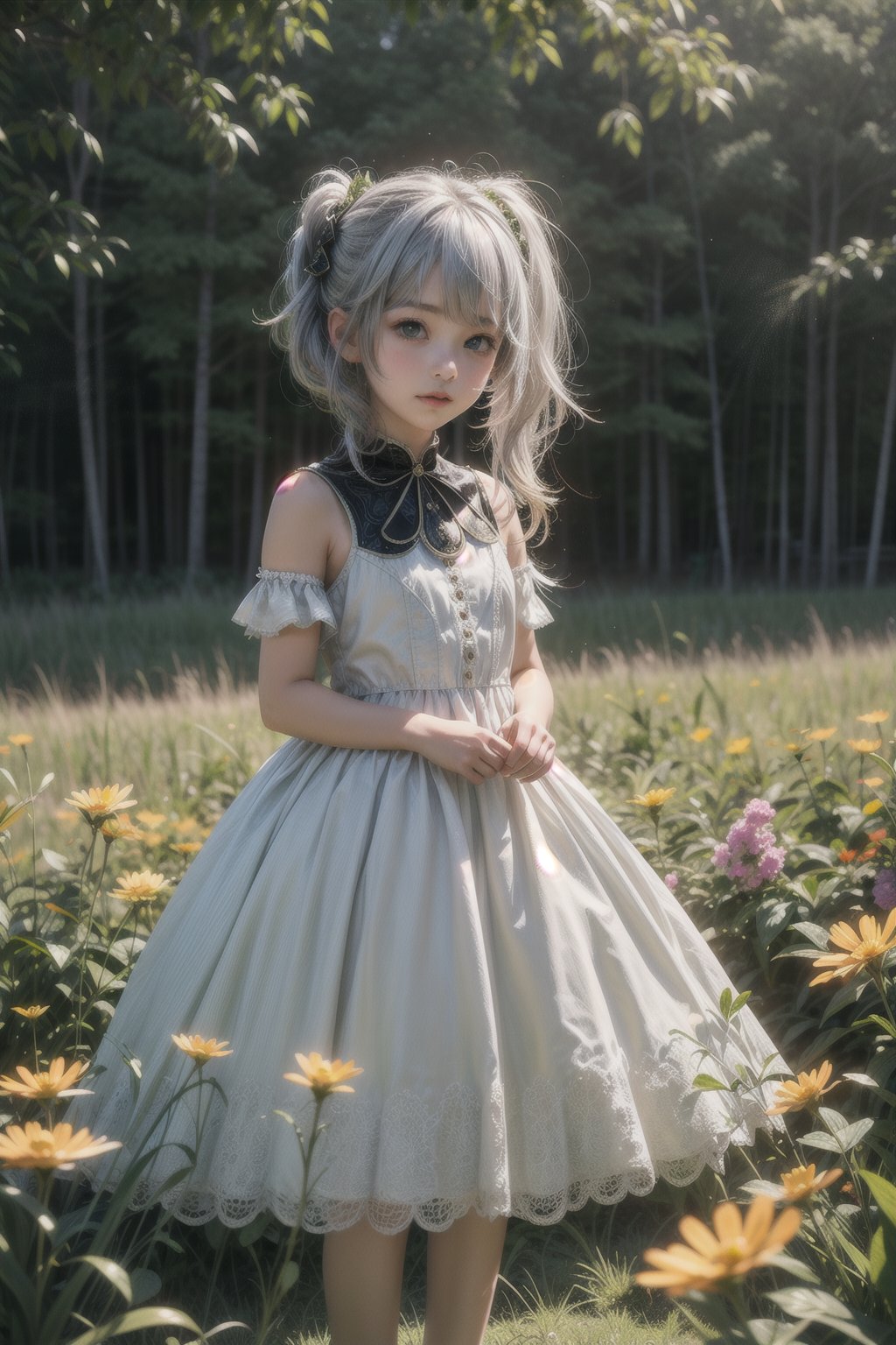 nahidadef, 12 year old girl, cute, silver hair, cute, innocent, slim, standing, prairie, flowers, sunny