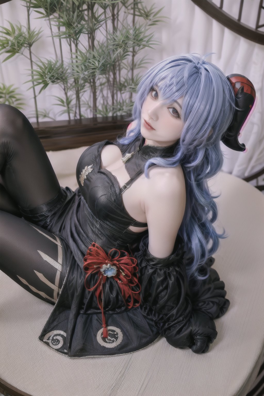 ganyu \(genshin impact\), 16 year old girl, cute, black laced lingerie,  blue hair, red horn headband, cute, innocent, slim, laying on bed, overhead shot,