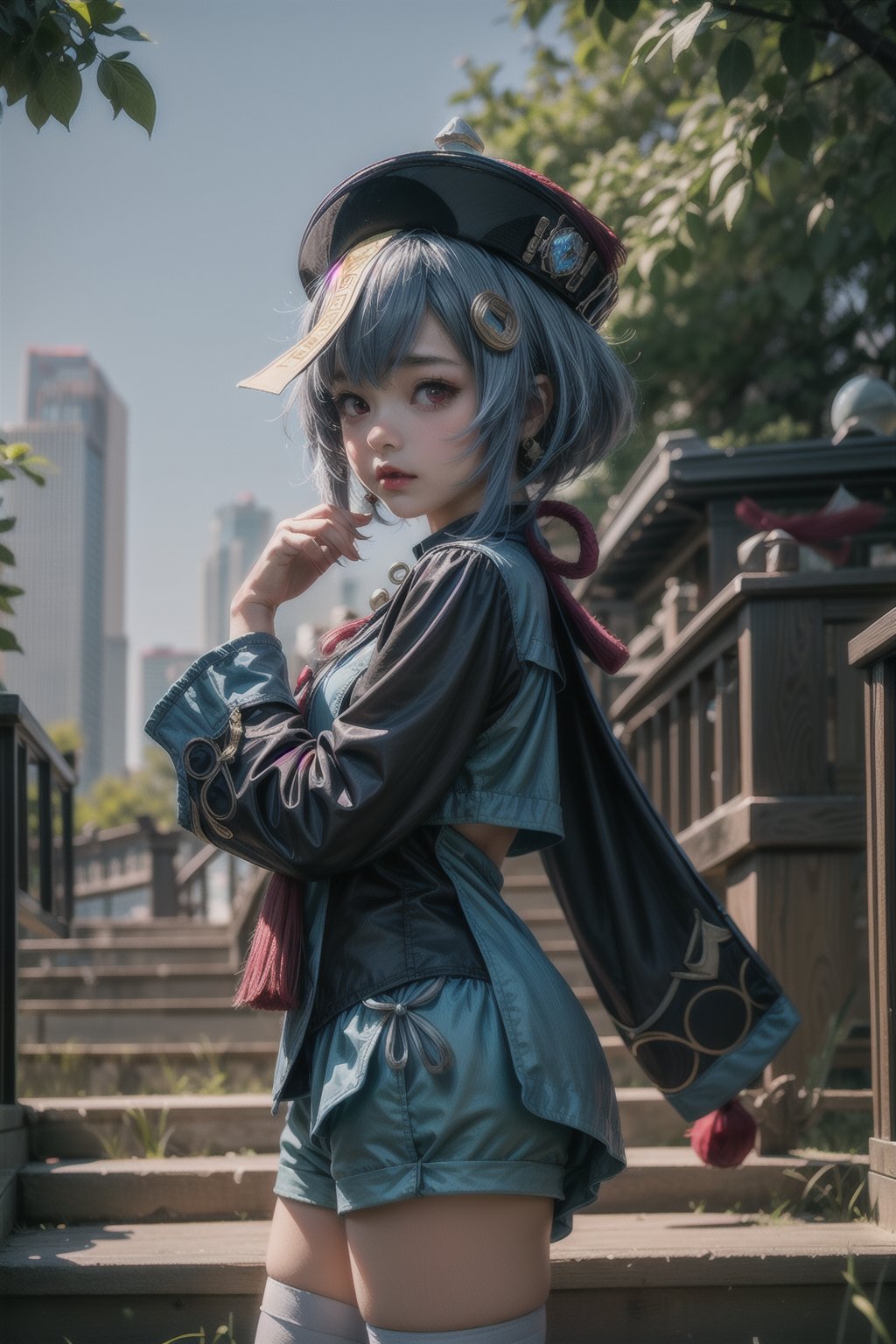 qiqi (genshin impact), 12 year old girl, cute, innocent, slim, ofuda, jiangshi, qing guanmao, braid, blue hair, long hair, red eyes, hair ornament, earrings, bead necklace, jewelry, long sleeves, wide sleeves,white thighhighs, chinese clothes, shorts, standing, stairs, outdoors, liyue city, cowboy_shot