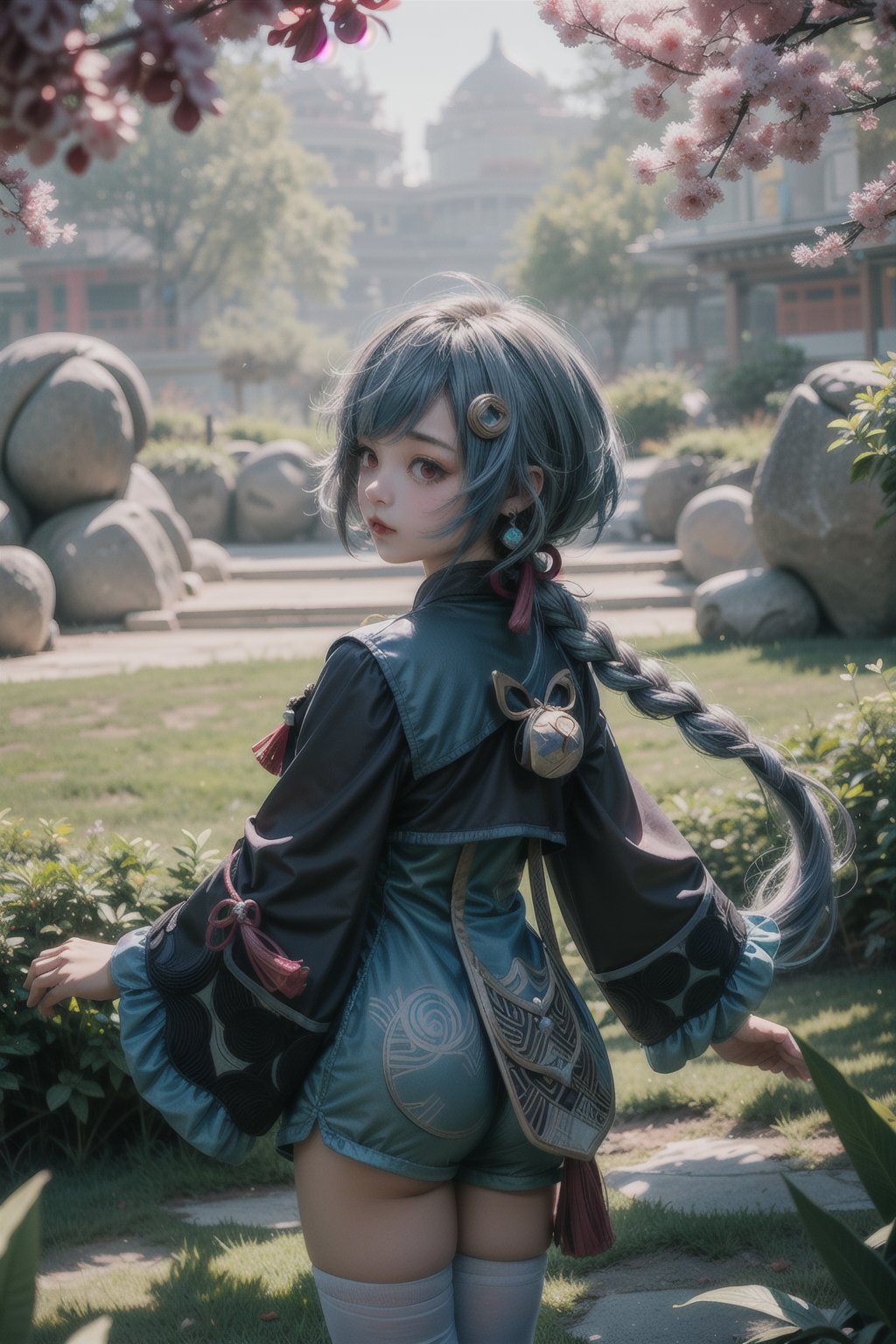 qiqi (genshin impact), 12 year old girl, cute, innocent, slim, qing guanmao, braid, blue hair, long hair, red eyes, hair ornament, earrings, bead necklace, jewelry, long sleeves, wide sleeves,white thighhighs, chinese clothes, shortsstanding, prairie, flowers, sunny