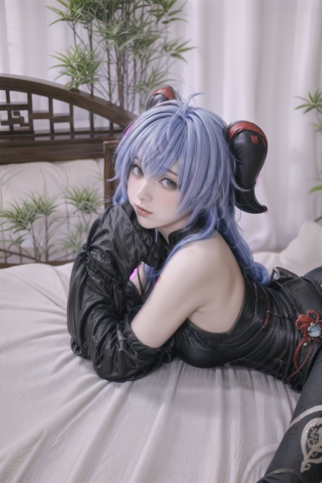 ganyu \(genshin impact\), 16 year old girl, cute, black laced lingerie,  blue hair, red horn headband, cute, innocent, slim, laying on bed, overhead shot,