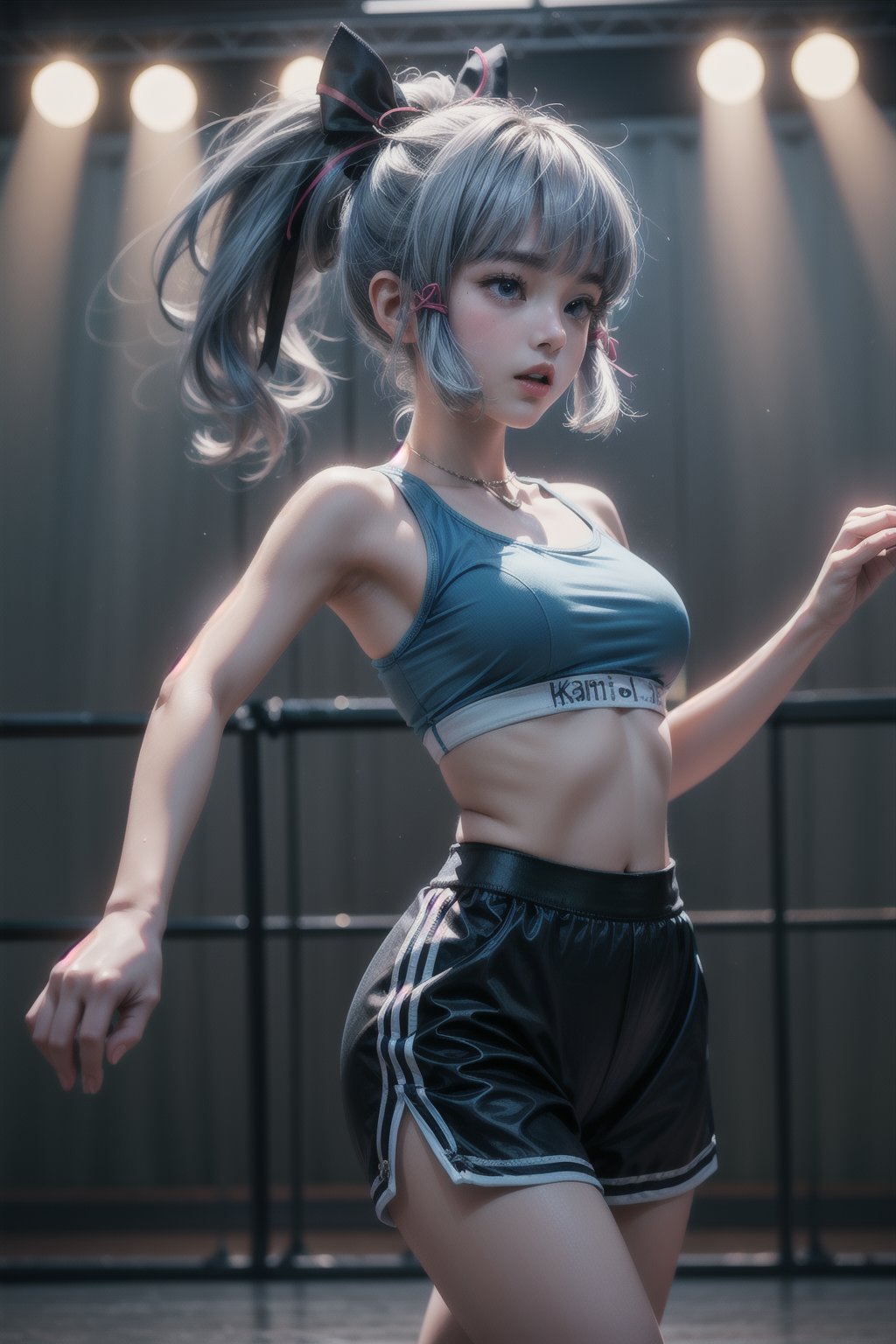 KAMISATOAYAKADEF, 15 year old girl, blue clothes, silver hair, sports bra,
High-waisted dance shorts, dance paws, wrap top for warm-up, dance studio 