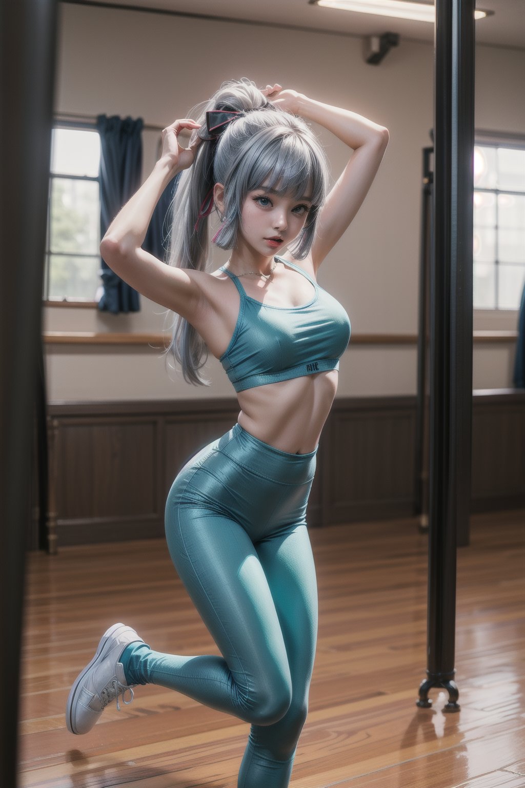 KAMISATOAYAKADEF, 15 year old girl, blue clothes, silver hair, bralette, High-waisted dance leggings, sneakers, dance studio, dancing