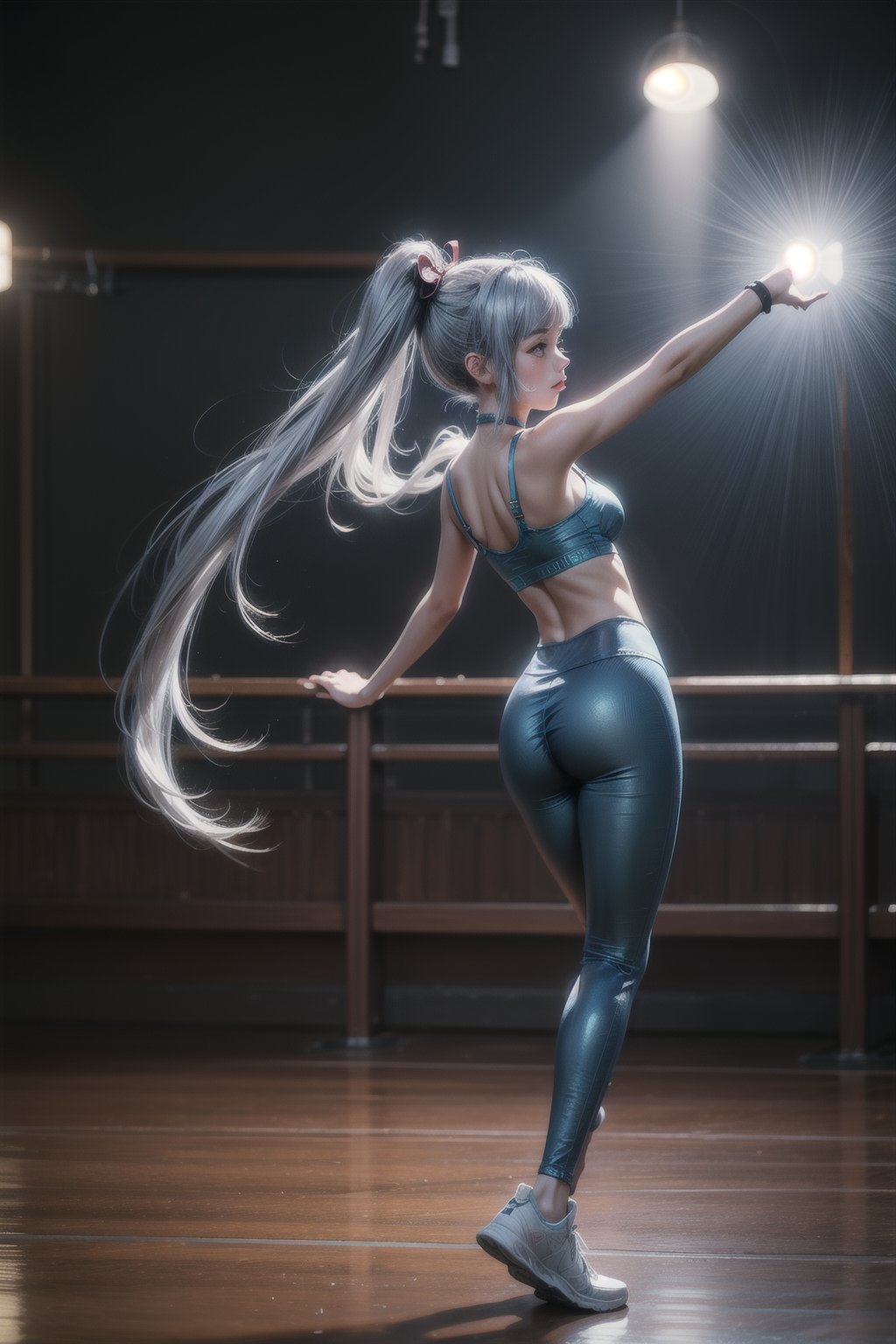 KAMISATOAYAKADEF, 15 year old girl, blue clothes, silver hair, bralette, High-waisted dance leggings, sneakers, dance studio, dancing