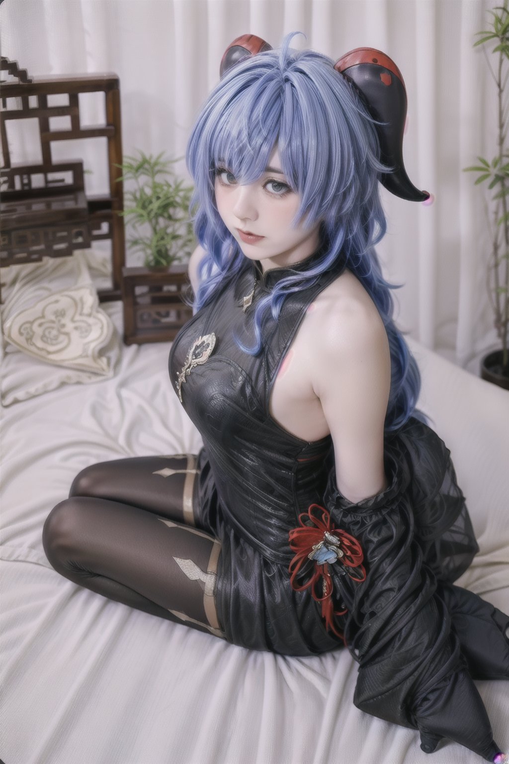 ganyu \(genshin impact\), 16 year old girl, cute, laced lingerie,  blue hair, red horn headband, cute, innocent, slim, laying on bed, overhead shot,