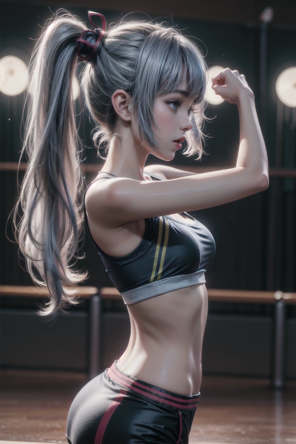 KAMISATOAYAKADEF, 15 year old girl, blue clothes, silver hair, sports bra,
High-waisted dance shorts, dance paws, wrap top for warm-up, dance studio 