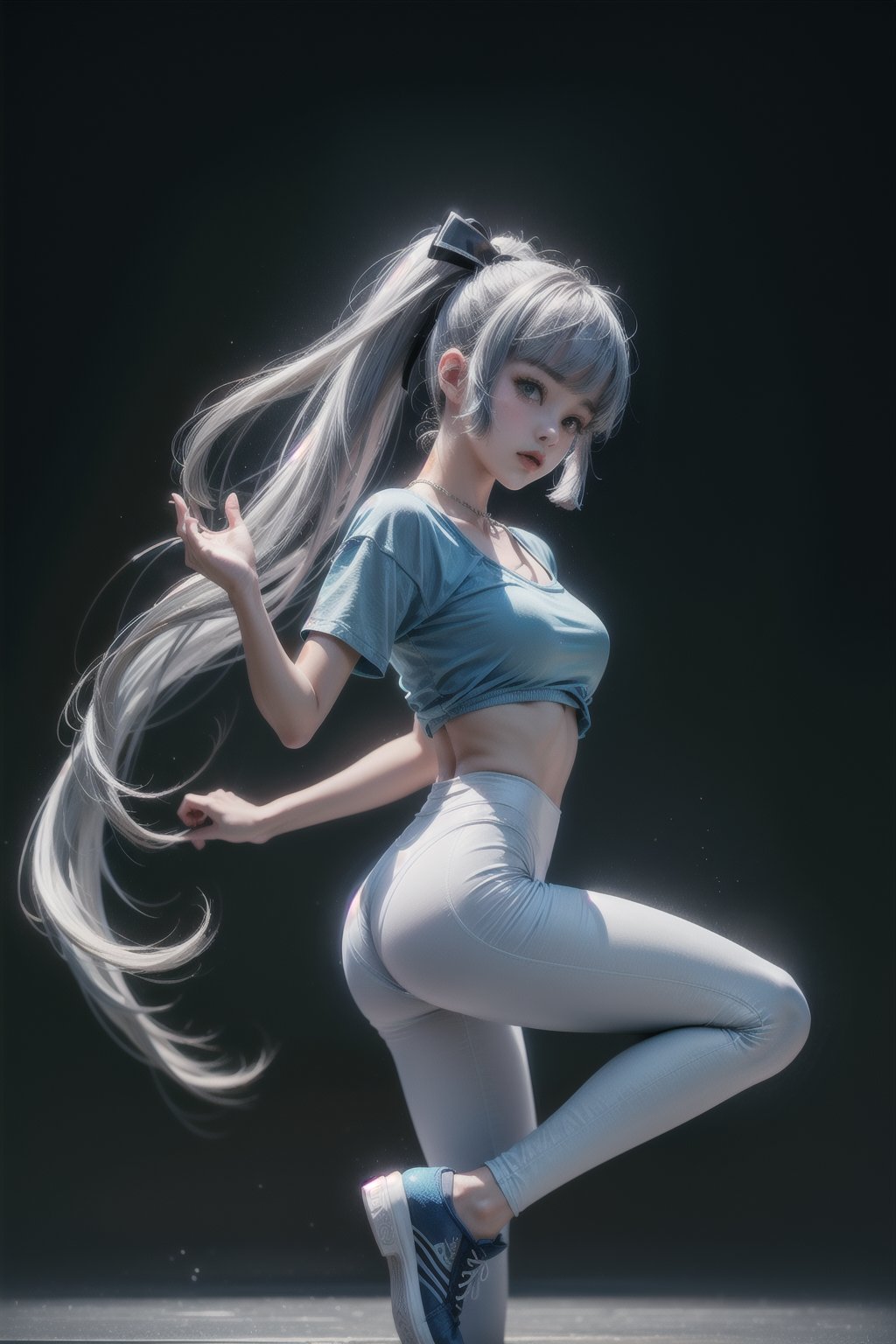 KAMISATOAYAKADEF, 15 year old girl, blue clothes, silver hair, bralette, High-waisted dance leggings, sneakers, dance studio