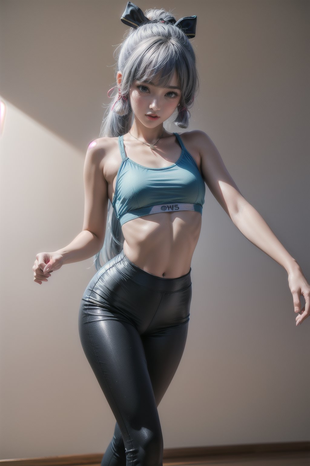 KAMISATOAYAKADEF, 15 year old girl, blue clothes, silver hair, bralette, High-waisted dance leggings, sneakers, dance studio, dancing