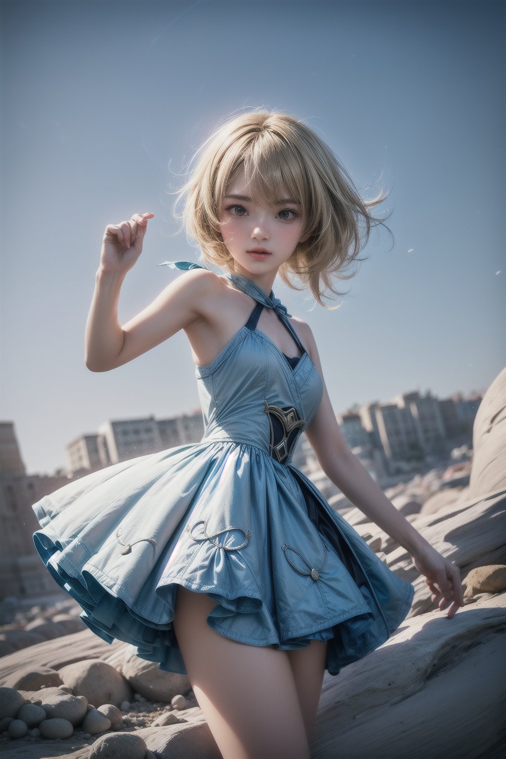 lumine_genshin, blonde hair, 15 year old girl, cute, innocent, slim, dress

outdoors, cowboy_shot, dynamic angle, dynamic pose,