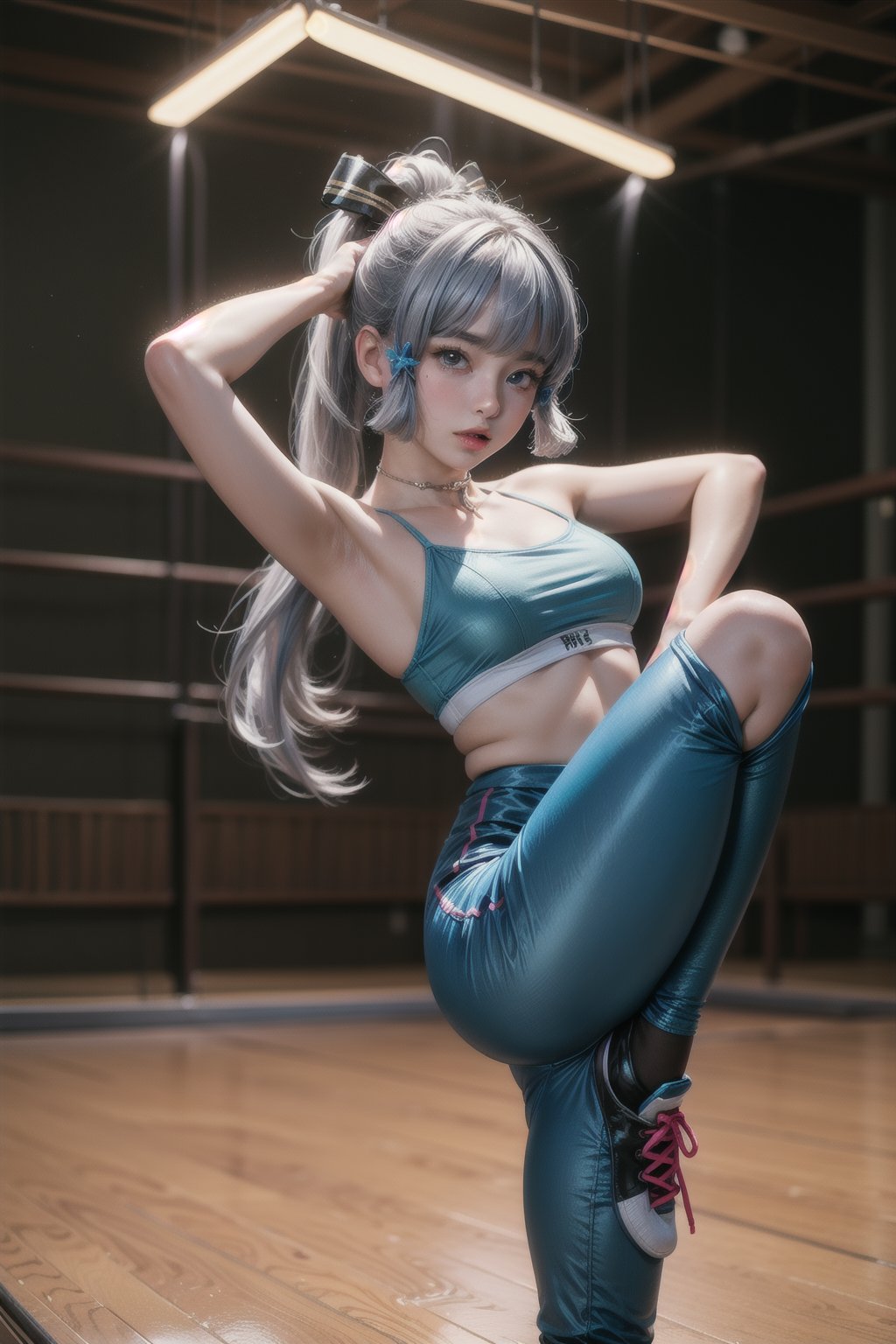 KAMISATOAYAKADEF, 15 year old girl, blue clothes, silver hair, bralette, High-waisted dance leggings, sneakers, dance studio