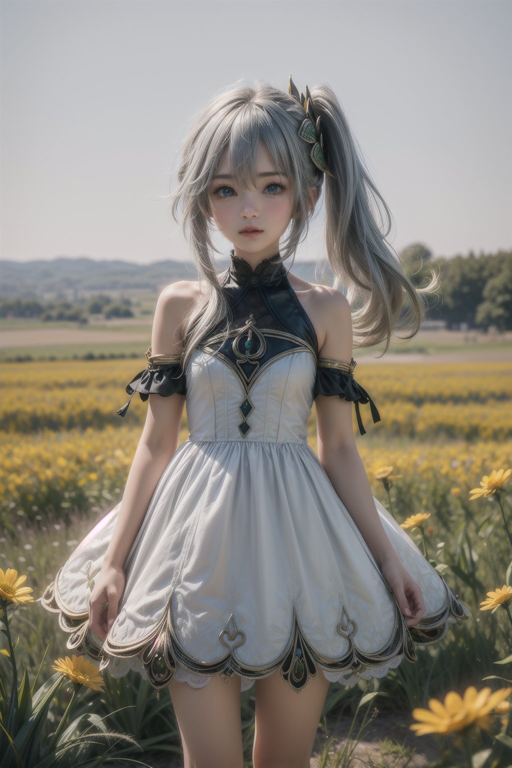 nahidadef, 12 year old girl, cute, silver hair, cute, innocent, slim, standing, prairie, flowers, sunny