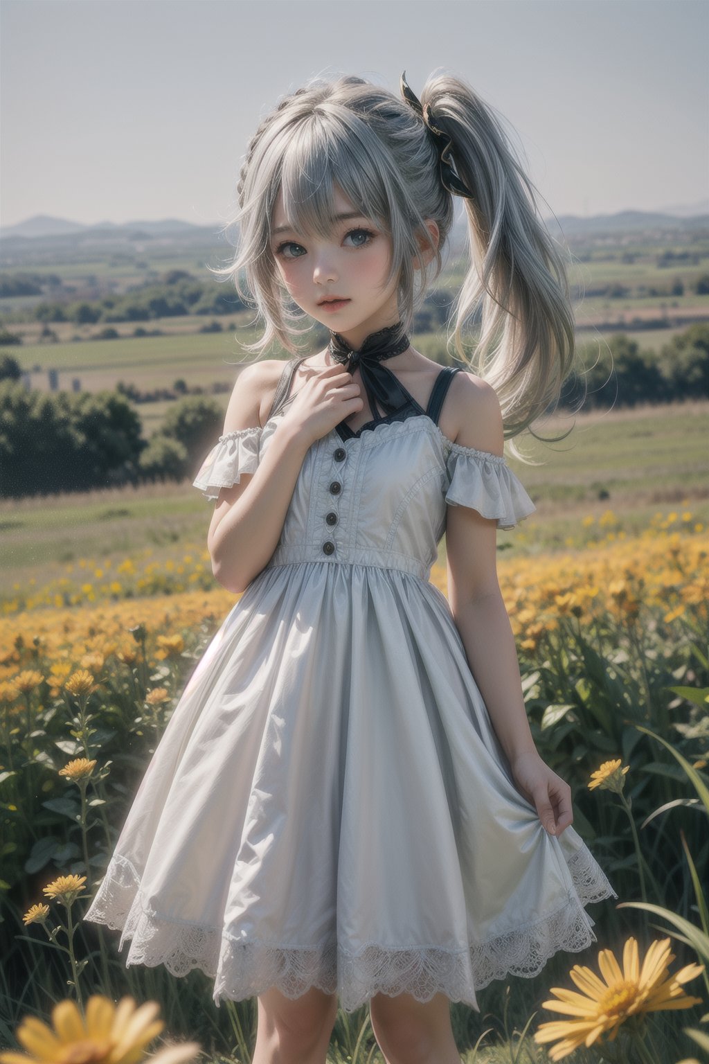 nahidadef, 12 year old girl, cute, silver hair, cute, innocent, slim, standing, prairie, flowers, sunny