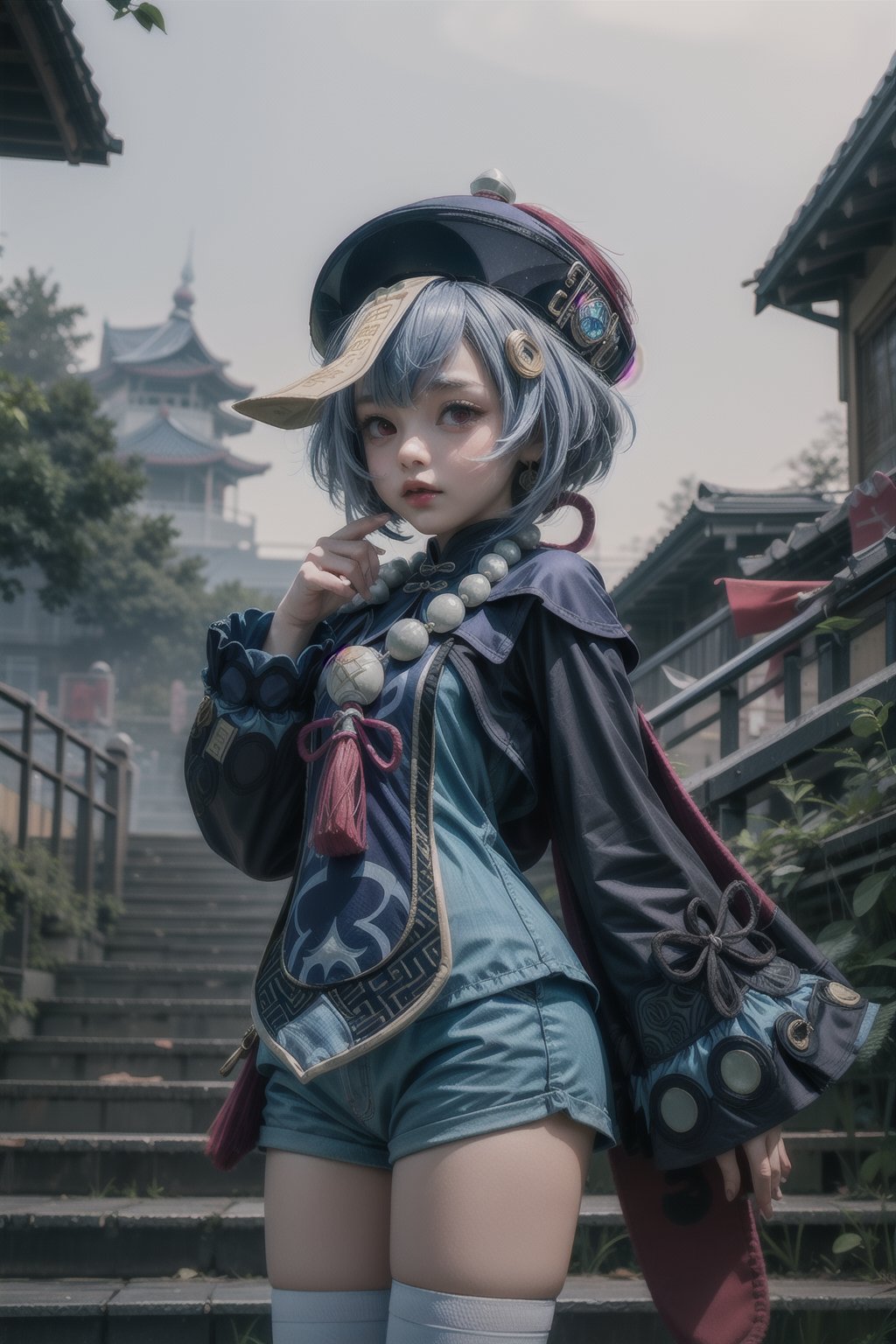 qiqi (genshin impact), 12 year old girl, cute, innocent, slim, ofuda, jiangshi, qing guanmao, braid, blue hair, long hair, red eyes, hair ornament, earrings, bead necklace, jewelry, long sleeves, wide sleeves,white thighhighs, chinese clothes, shorts, standing, stairs, outdoors, liyue city, cowboy_shot