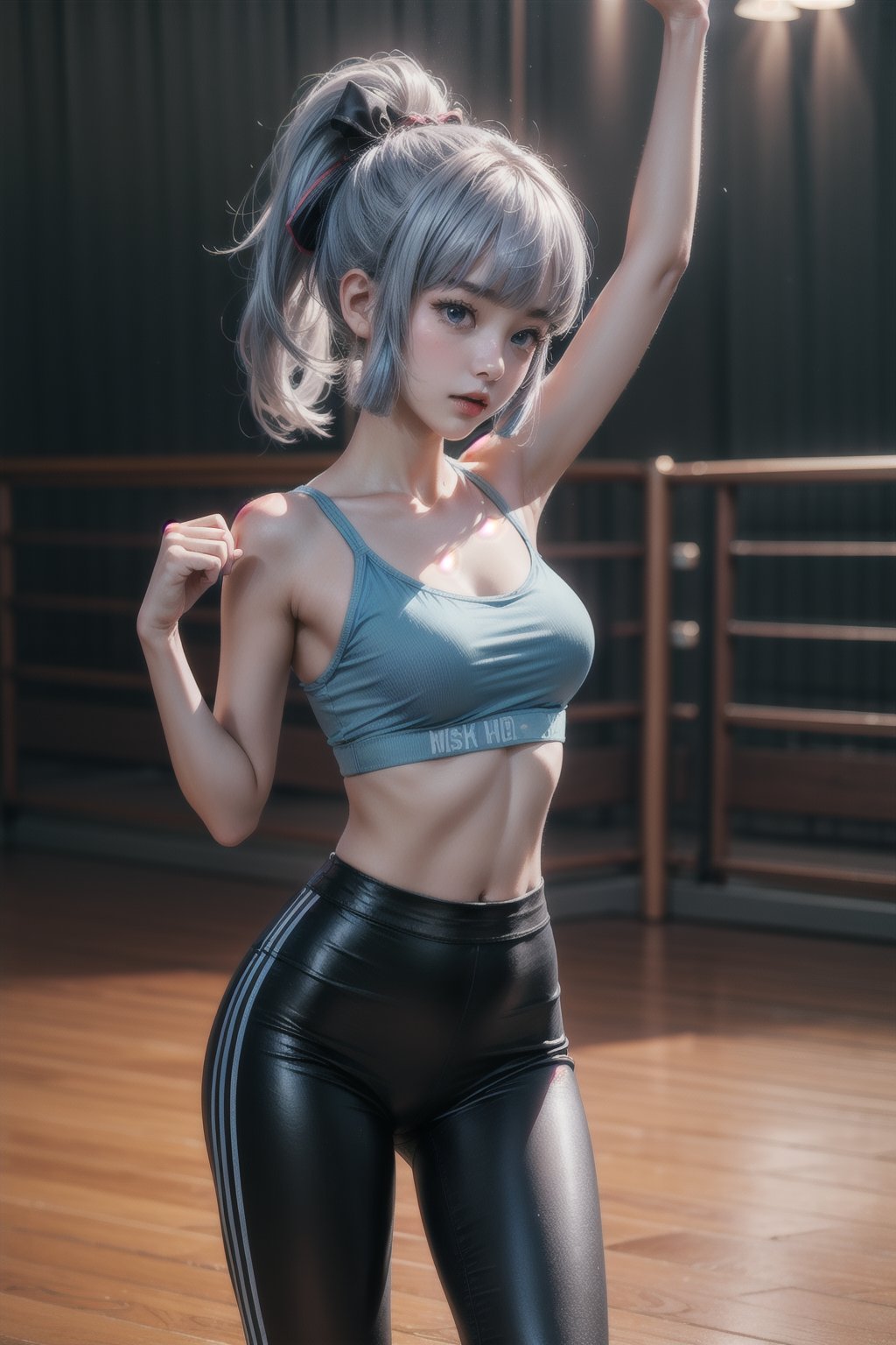 KAMISATOAYAKADEF, 15 year old girl, blue clothes, silver hair, sports bra, leggings, dance paws, wrap top for warm-up, dance studio 