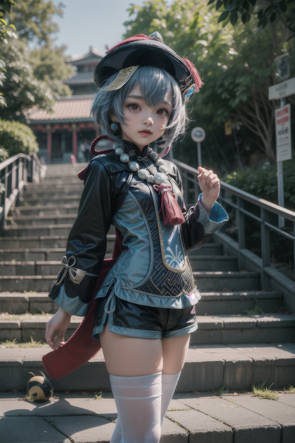 qiqi (genshin impact), 12 year old girl, cute, innocent, slim, ofuda, jiangshi, qing guanmao, braid, blue hair, long hair, red eyes, hair ornament, earrings, bead necklace, jewelry, long sleeves, wide sleeves,white thighhighs, chinese clothes, shorts, standing, stairs, outdoors, liyue city, cowboy_shot