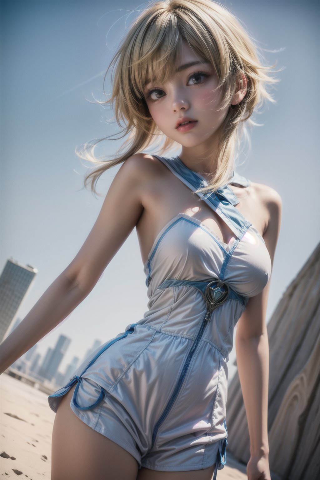 lumine_genshin, blonde hair, 15 year old girl, cute, innocent, slim, 

outdoors, cowboy_shot, dynamic angle, dynamic pose,