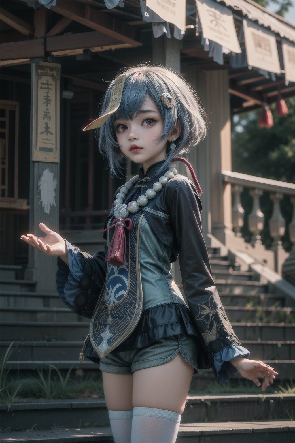 qiqi (genshin impact), 12 year old girl, cute, innocent, slim, ofuda, jiangshi, qing guanmao, braid, blue hair, long hair, red eyes, hair ornament, earrings, bead necklace, jewelry, long sleeves, wide sleeves,white thighhighs, chinese clothes, shorts, standing, stairs, outdoors, liyue city, cowboy_shot