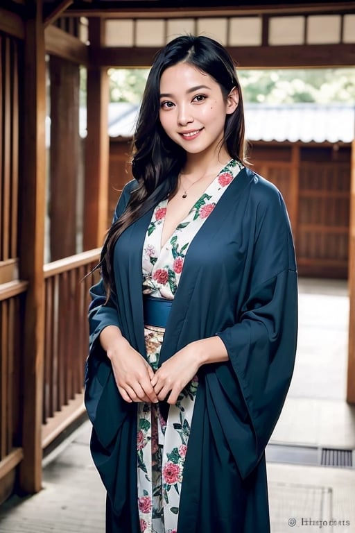 attractive intellectual ((Japanese)) well-maintained mid-aged woman, (( 36 years old)), Instagram model, long black hair, warm, Japanese-setting, Japanese-style face, black eyes, (Kimono), height 5.5 feets, (smiling), ultra-detailed and realistic, realistic background, perfect eyes, realistic shadow, realistic hand and facial arrangement, masterpiece, photorealistic, authentic appearance, dynamic poses