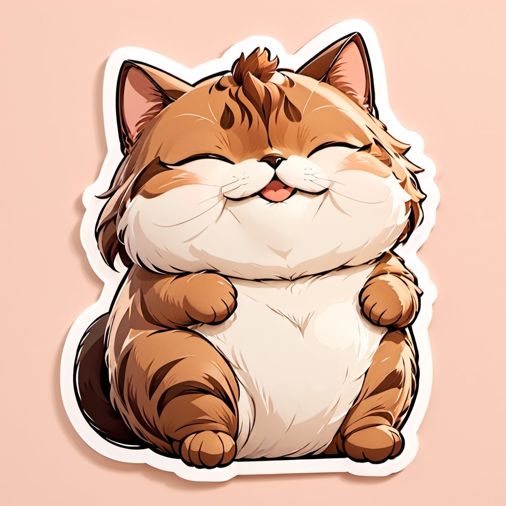 sticker ,fat brown cat,  happy, laughing,  cute