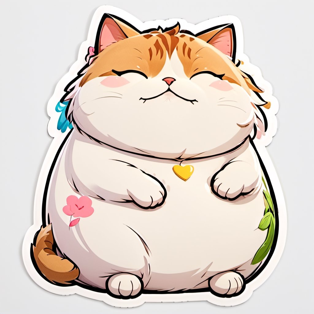 sticker ,fat cat, looking at its stomach, lazy,  cute