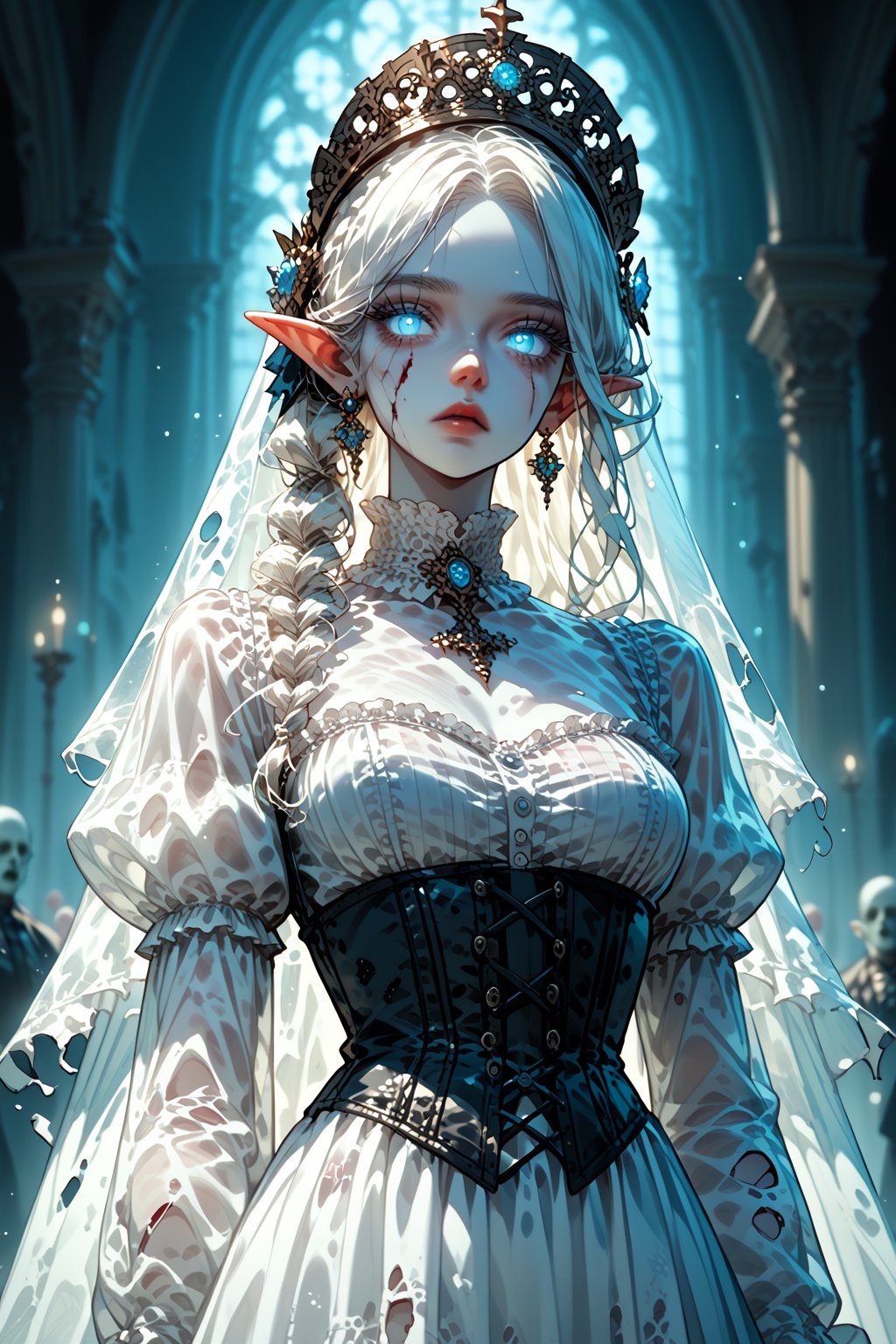 score_9, score_8_up, score_7_up, female, solo, elf, ((spectral, transparent skin, pale white skin)) , glowing eyes, Victorian era corset, torn clothing, broken crown, surrounded by undead, front angled shot 