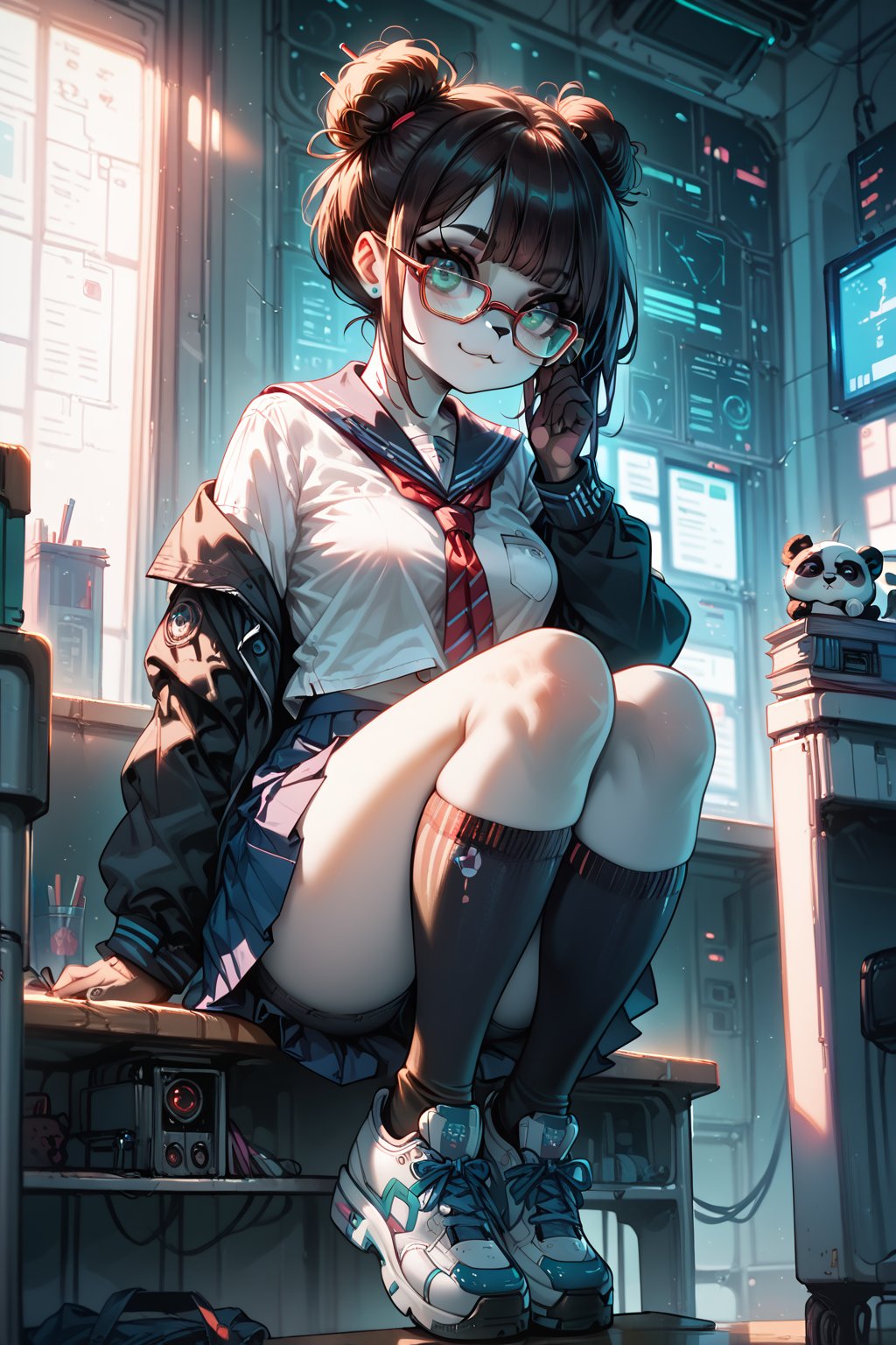 Score_9, Score_8_up, Score_7_up, female, anthro panda,  seifuku, thick frame glasses (high tech, futuristic), high bun, knee socks, mary_janes