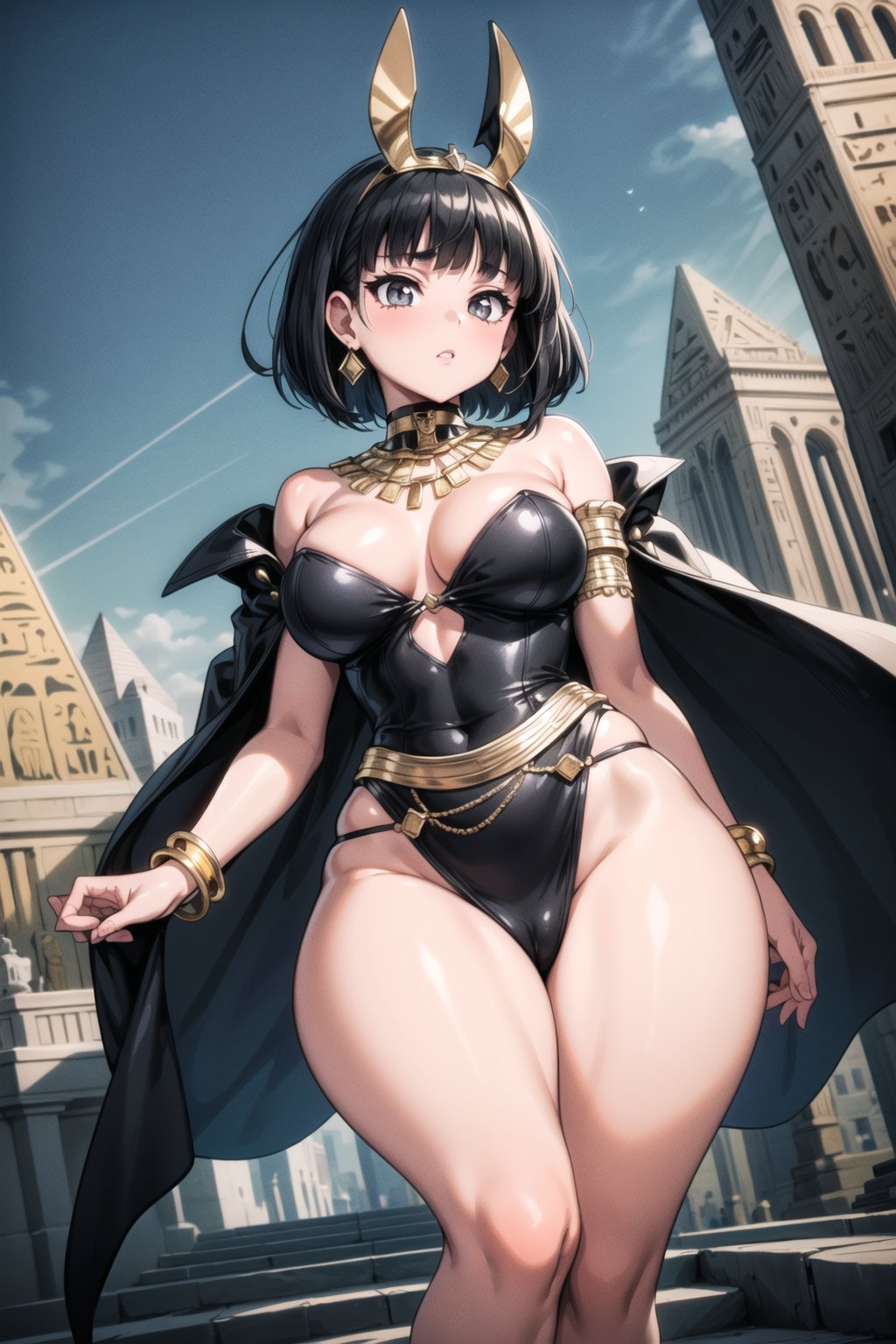 High resolution, extremely detailed, atmospheric scene, masterpiece, best quality, 64k, high quality, (HDR), HQ, vibrant colors, 1girl, score_9, score_8_up, score_7_up, 1girl, cel shading, Egyptian dress, long elegant blonde hair, petite build,, (very thin and large breasts), thick thighs, thick eyelashes, long eyelashes, black Egyptian dress, pleated cape with gold trim, gold headdress with diamonds, silver heels + Egyptian laces), (black hair, short hair, blunt bangs), (black hair, short hair, blunt bangs), Egyptian earrings, Egyptian choker, bracelets, gold bangles, necklace, belt and bracelets, outdoor, pyramids in background