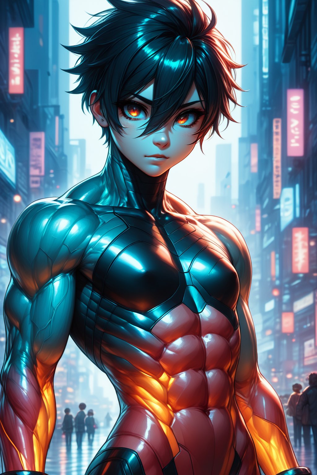 Score_9, Score_8_up, Score_7_up, by: kanel, 
by:0r0ch1, an anime-style image,volumetric_lighting, chiaroscuro_lighting, shaders, vibrant, neon, (((muscular body, amazing bulk body:1.3 ))) , (((1girl, flat chest,)))