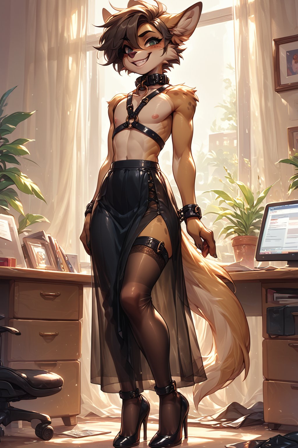  score_9, score_8_up, score_7_up, score_6_up, muted colors, anthro female,  by: kanel, androgynous female, slave collar, topless, BDSM harness, long skirt, high heels, see-through stockings, mischievous grin, office environment