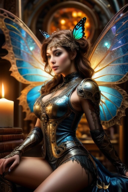 In the dimly lit, ornate chamber of a mystical steampunk realm, a faerie girl with delicate features and iridescent butterfly wings sprawls amidst a tapestry of gears and cogs. A robot cat, its mechanical limbs splayed in relaxation, rests beside her as candlelight dances across their faces. The soft glow casts a warm ambiance, rendering the intricate details of the steampunk contraptions and the faerie's ethereal wings in exquisite 8K HDR resolution, with an impressive bokeh effect blurring the background.