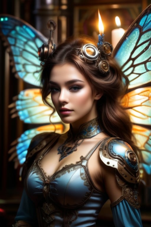 In a dimly lit, ornate chamber of a mystical steampunk realm, a faerie girl with delicate features and iridescent butterfly wings sprawls amidst a tapestry of gears and cogs. The robot cat's mechanical limbs splayed in relaxation beside her as candlelight dances across their faces. Soft glow casts warm ambiance, rendering intricate details of steampunk contraptions and faerie's ethereal wings in 8K HDR resolution with impressive bokeh effect blurring background.