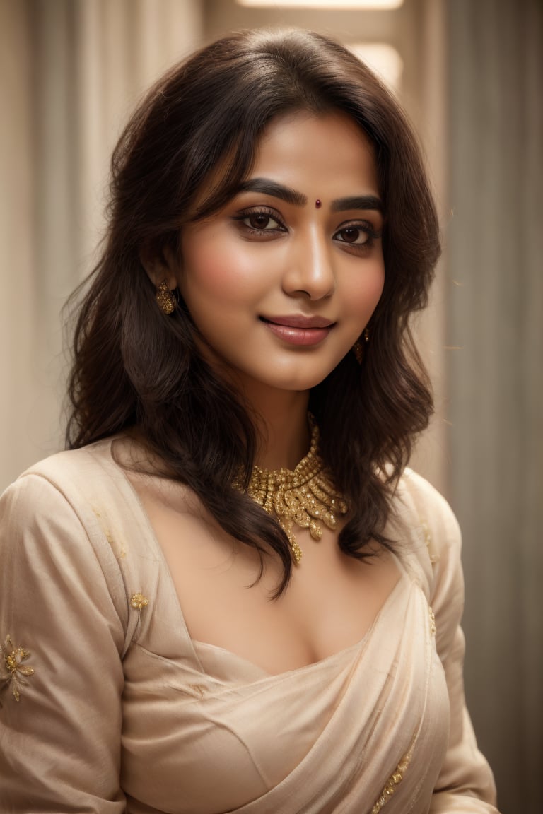 Against a serene white backdrop, a stunning Indian young girl, 21 years old, stands elegantly in her vibrant saree, ready to tie the knot. Soft golden light wraps around her, highlighting the intricate embroidery and her beautiful features. She poses confidently, hands clasped together in a subtle smile, as delicate jewelry adorns her neck, adding sophistication to her radiant beauty. The saree's colors pop against the calm background, framing her stunning pose.