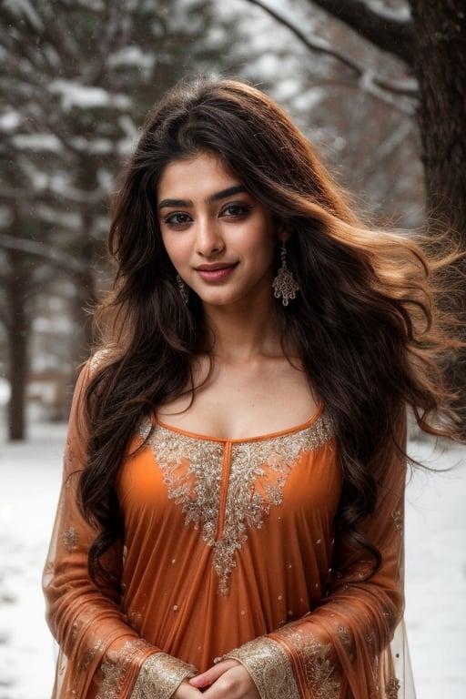 Here's your prompt:

Hyper-realistic image of a 20-year-old Instagram model posing in a cozy winter setting. The lovely and cute teenage girl, with her striking features and long black hair, is wearing an vibrant orange-colored salwar kameez that complements her bright and youthful energy. Her soft eyebrows add to her innocent charm as she strikes a playful pose, as if dancing in the snowflakes gently falling around her. Capture her moment of joy and carefree abandon, with precise lighting and composition to make her look like she's stepping out of the Instagram feed.