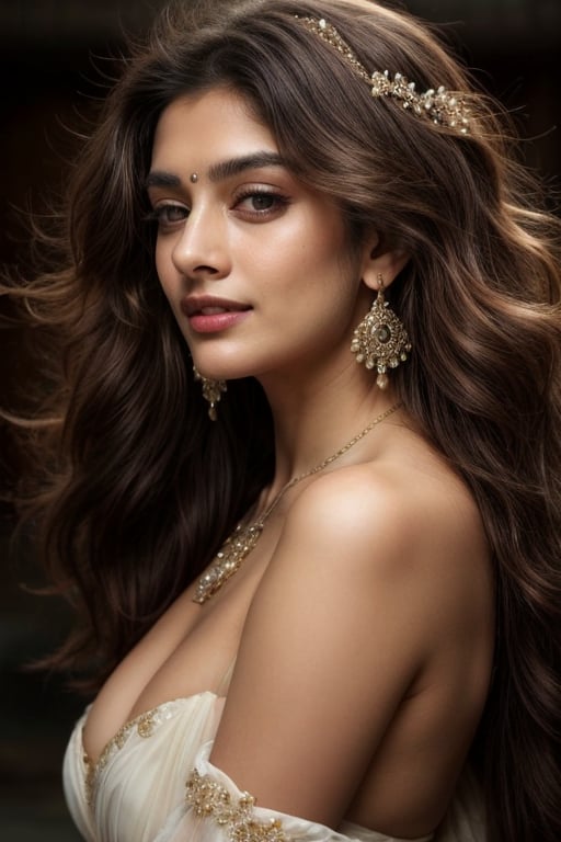 A close-up shot of a young woman gazing directly into the camera lens, her warm brown hair styled with a hair ornament adorning one side. Her features are set in a subtle expression, her parted lips slightly pursed as if about to speak. Her brown eyes sparkle with a hint of curiosity, framed by long sleeves and a flowing dress that hugs her figure. A delicate bracelet encircles her wrist, complemented by a ring on her finger and earrings that catch the light. The overall effect is one of understated elegance and quiet confidence.