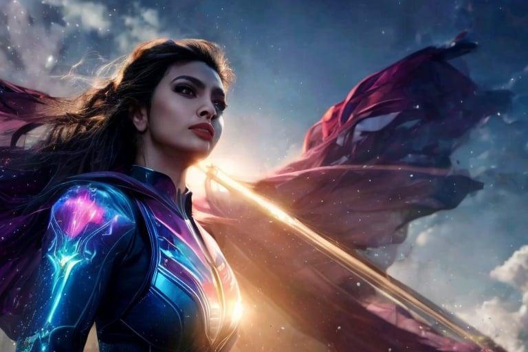 Aurora, the radiant superheroine, stands at the helm of her gleaming vessel, 'Astral Quest', as it pierces the cerulean heavens. The camera captures a thrilling bird's-eye view, with the ship's streamlined silhouette and glowing energy trails accentuated by warm sunlight and bold shadows. Aurora's concentrated gaze and outstretched arms convey determination, while the starry backdrop and wispy clouds add depth to this action-packed scene.