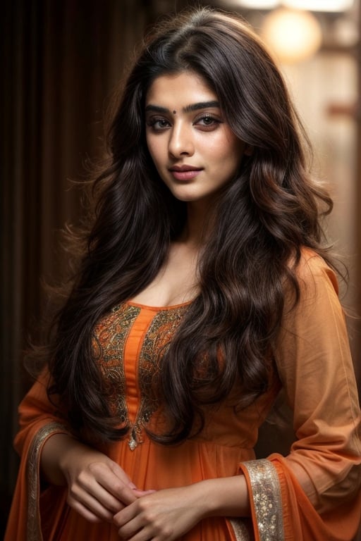 Create a hyper-realistic girl, 20 year old, : lovely cute young attractive teenage girl, cute, an Instagram model, long black_hair, colorful hair, winter, dacing, wear orange color salwar kameez, soft eyebrow 