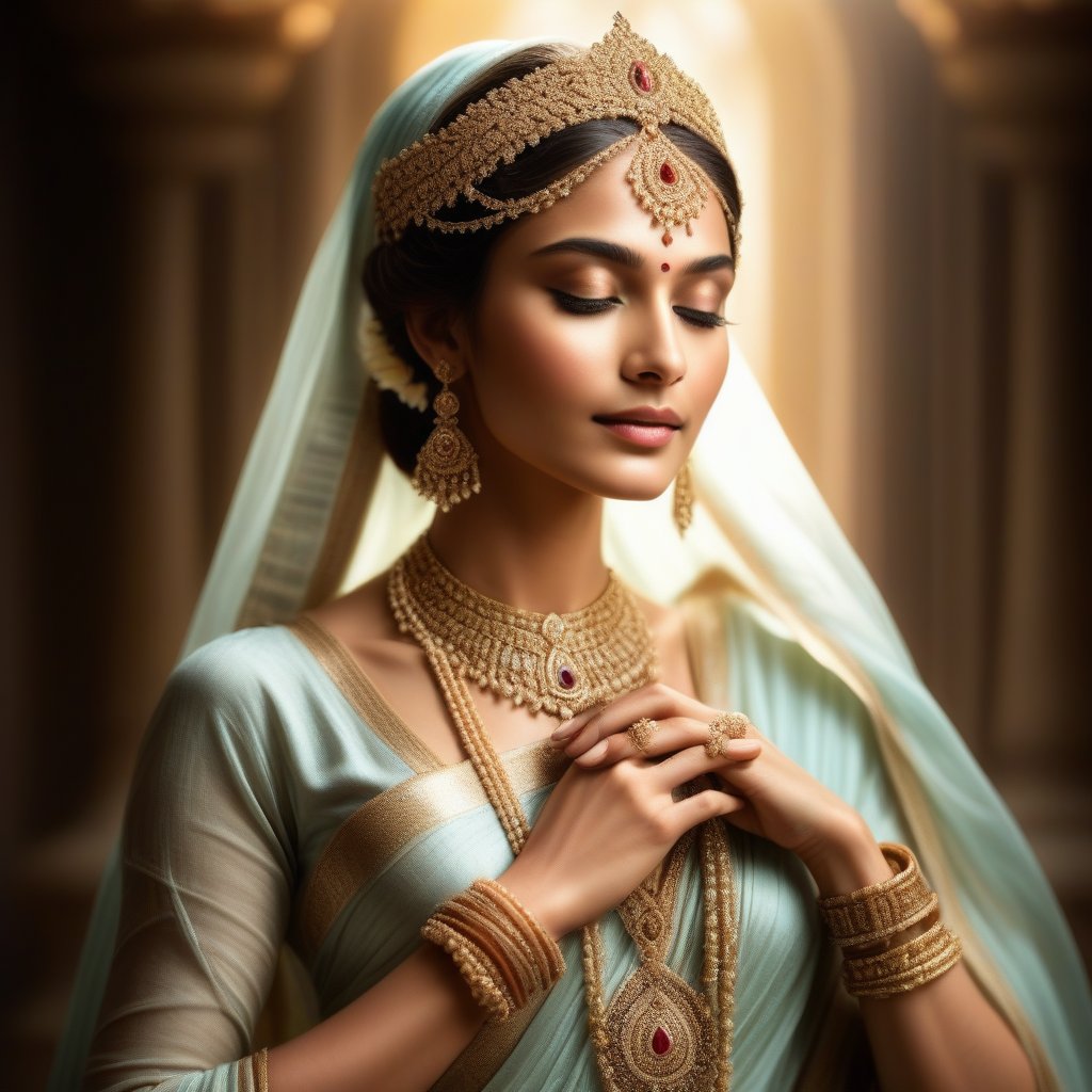 A goddess, a god level beauty, bestowing grace upon every woman, depicted with radiant, fair skin, adorned in exquisite jewelry, wearing a flowing, elegant garment, her serene expression and gentle hands gesture conveying the gift of beauty, captured in soft, divine lighting. realistic, divine beauty. 