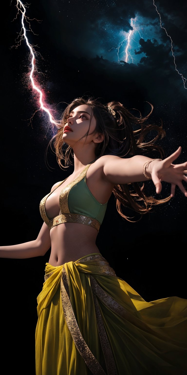 High-angle shot of a striking solo girl standing confidently within a stark black background, as if she's harnessing the power of the cosmos. Her upper body is aglow with a dynamic lightning aura, crackling with energy and illuminated by vibrant thunder flashes that dance across her skin like digital fireflies.