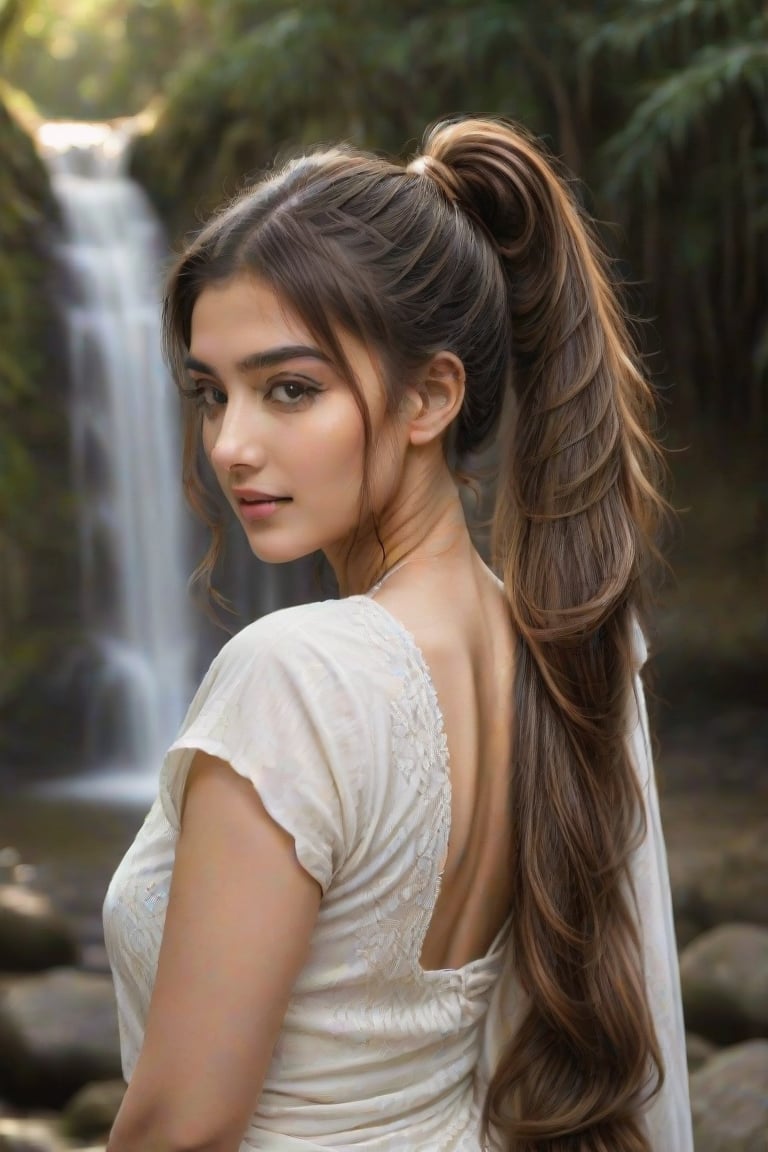 Ana María stands against a soft focus blurred background, her long ponytail hair flowing down her back like a golden waterfall. Her pale white complexion glows under the gentle morning light, as if infused with an ethereal radiance. Kasturi's tranquil landscape stretches out before her, its serene beauty reflected in her contemplative gaze.