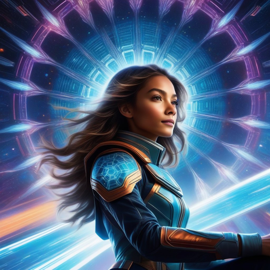 A super-powered girl radiates luminescent energy as she skillfully pilots a futuristic spacecraft through a kaleidoscope sky, capturing dynamic angles and dramatic lighting that accentuates her concentrated gaze and the ship's streamlined silhouette.